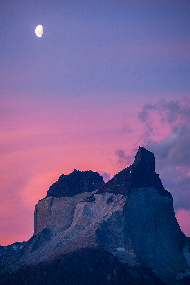 Moonrise over one of the iconic Cuernos in Chile's Torres del Paine national Park.
