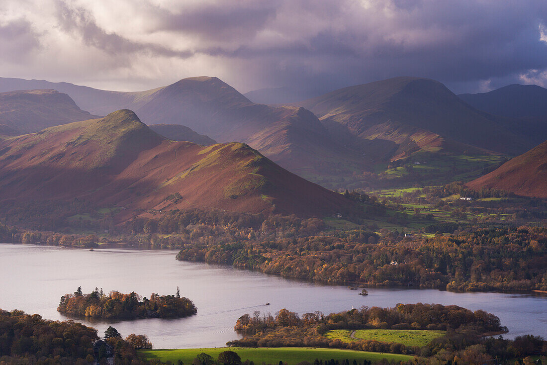 Moody skies above Derwent Water and the Newlands Valley in autumn, Lake District National Park, Cumbria, England, United Kingdom, Europe