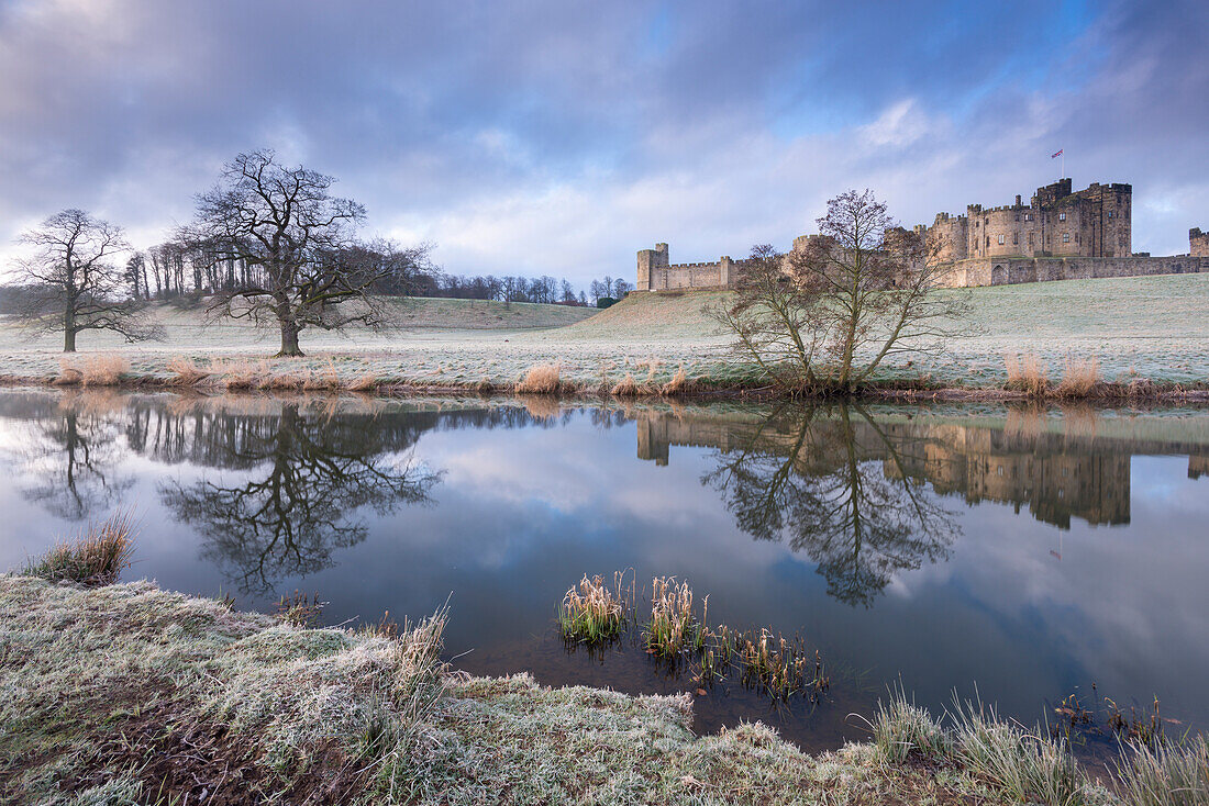 Alnwick Castle on a frosty winter morning, Alnwick, Northumberland, England, United Kingdom, Europe