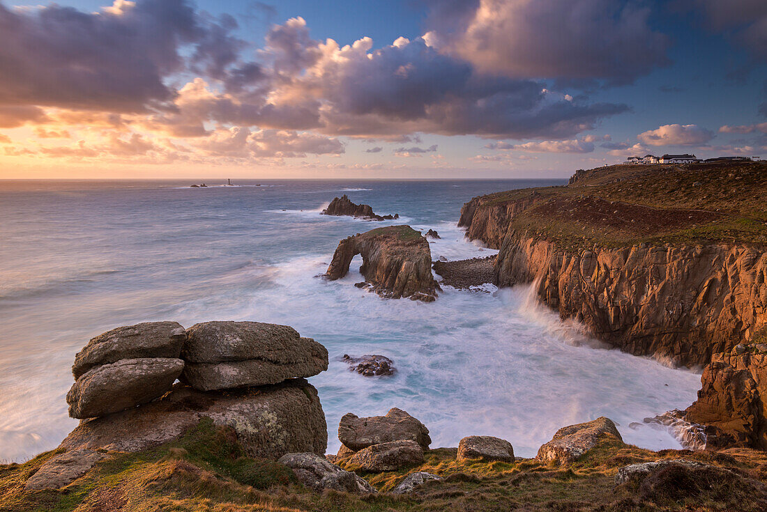 Dramatic coastal scenery in winter at Land's End in Cornwall, England, United Kingdom, Europe
