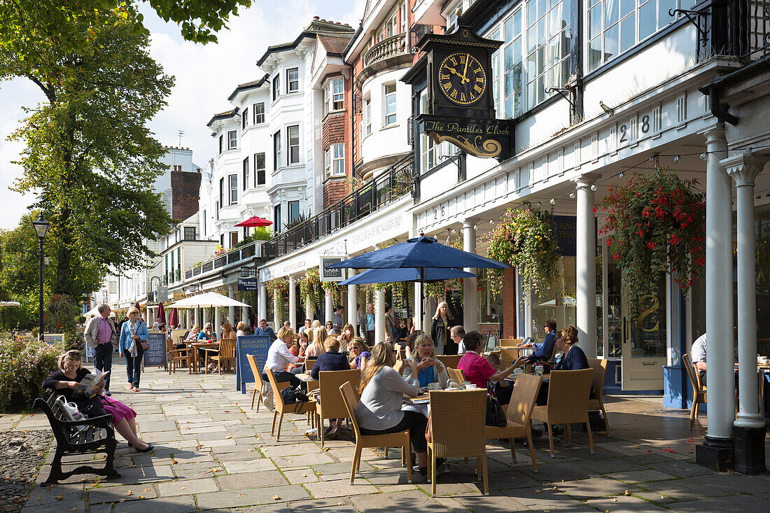 Street scene at The Pantiles pedestrian area of Tunbridge Wells with street cafe and shops, Kent, England, United Kingdom, Europe