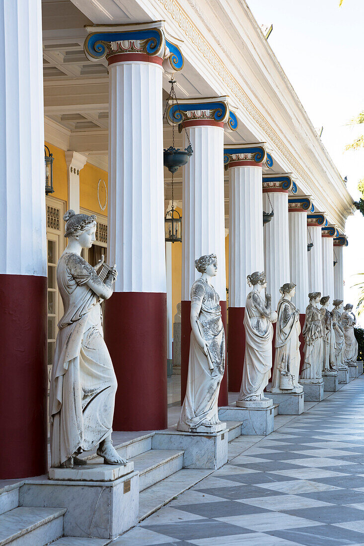 Stone statues at Achilleion Palace, Museo Achilleio, in Corfu, Greek Islands, Greece, Europe