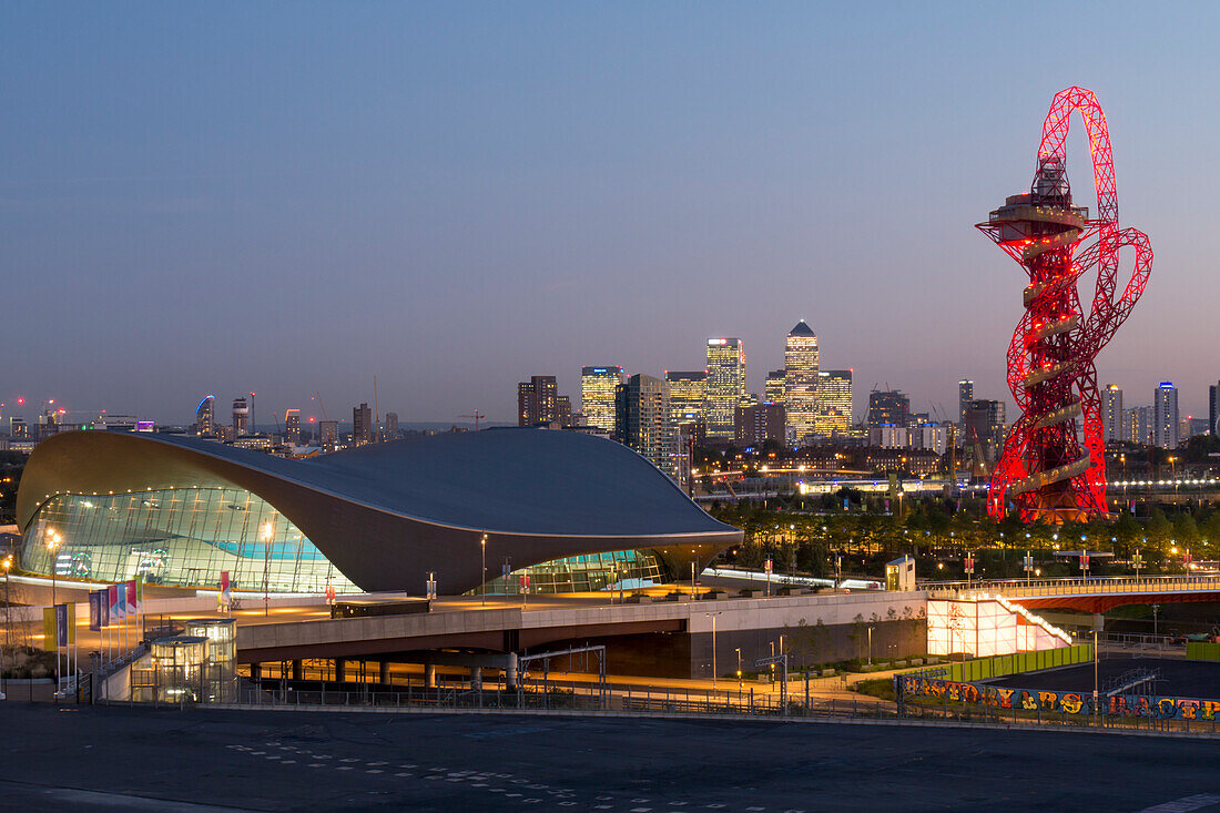 The Orbit, Olympic Park, and Canary Wharf at dusk, London, England, United Kingdom, Europe