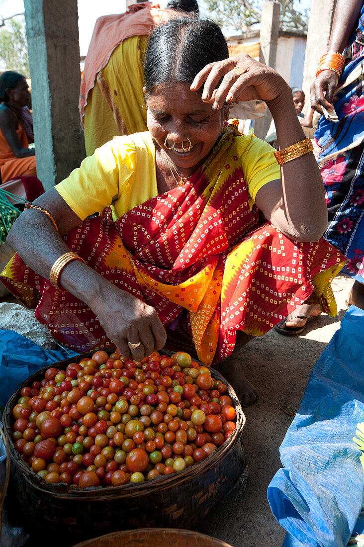 Mali tribeswoman with gold noserings selling tomatoes in Mali weekly tribal market, Guneipada, Koraput district, Orissa (Odisha), India, Asia