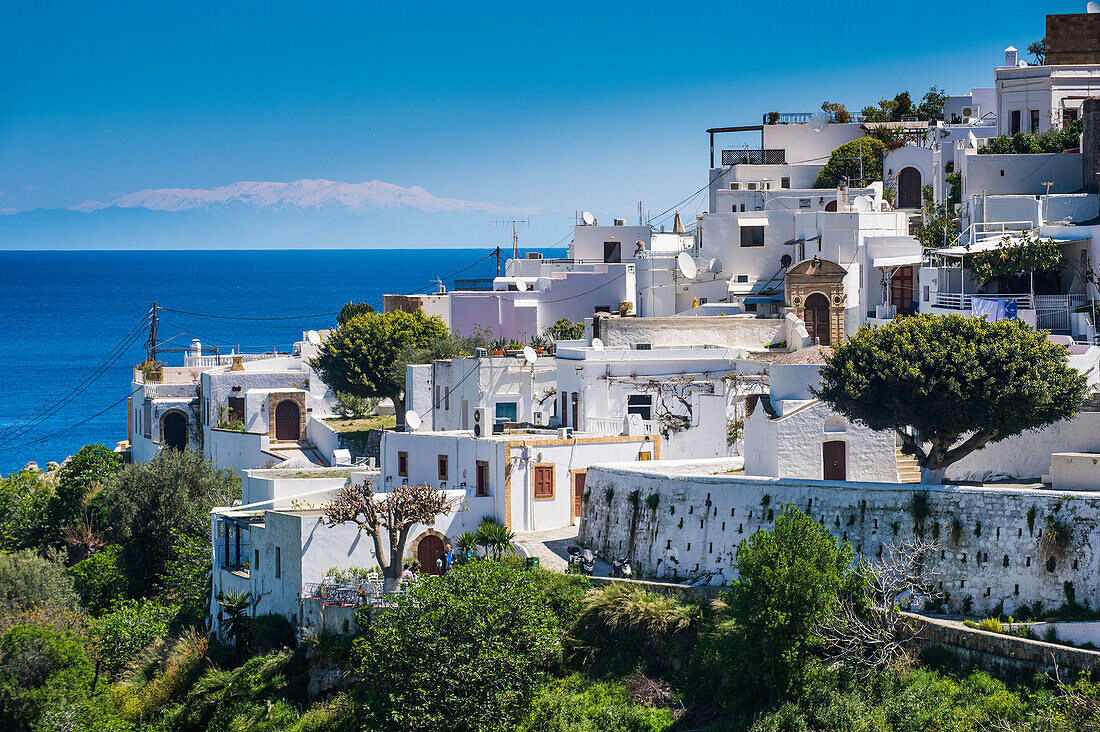 The white houses of the town of Lindos, Rhodes, Dodecanese Islands, Greek Islands, Greece, Europe