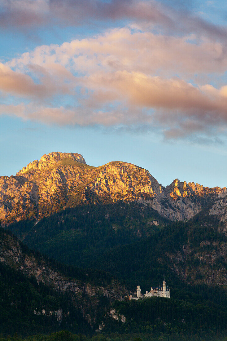 Neuschwanstein castle at dawn, view to Tannheimer Berge, Allgaeu, Bavaria, Germany