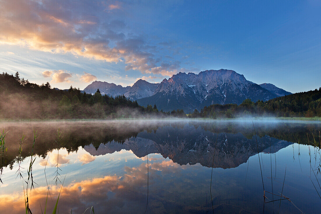 Luttensee with reflection, view to Karwendel, near Mittenwald, Werdenfels region, Bavaria, Germany