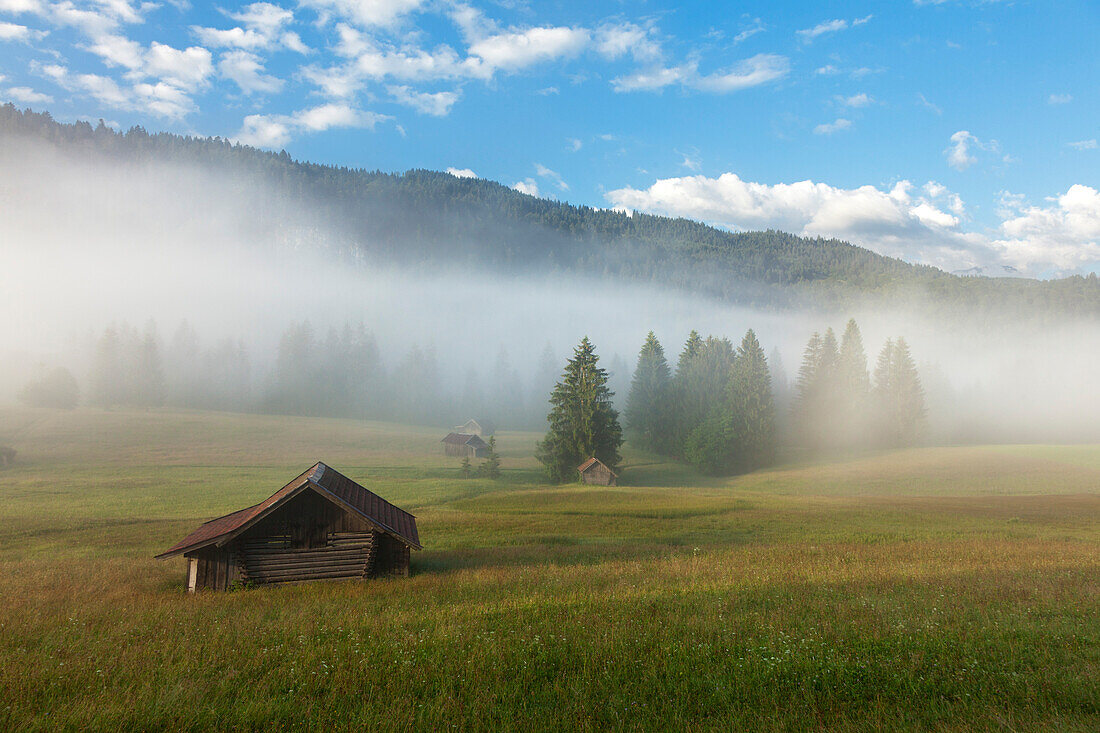 Heustadel im Nebel, bei Garmisch-Partenkirchen, Werdenfelser Land, Bayern, Deutschland