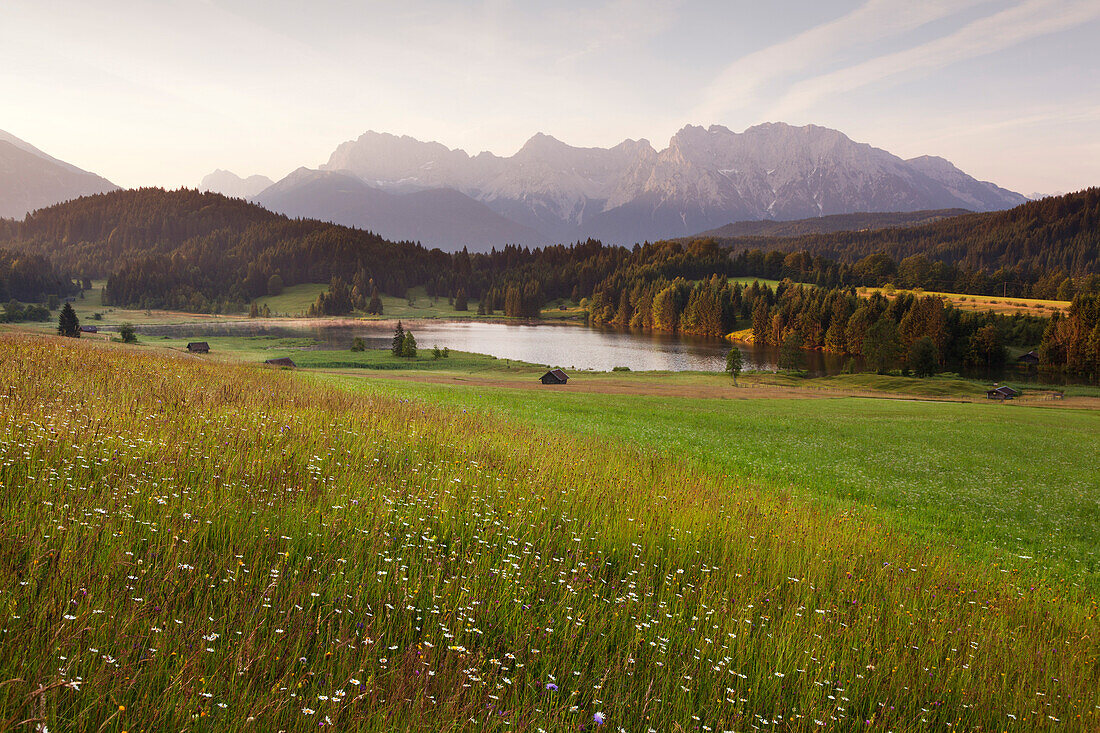 Meadow at Geroldsee, view to Karwendel, Werdenfels region, Bavaria, Germany