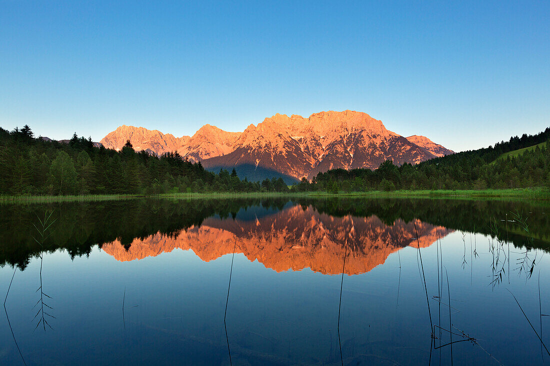 Luttensee with reflection, view to Karwendel, near Mittenwald, Werdenfels region, Bavaria, Germany