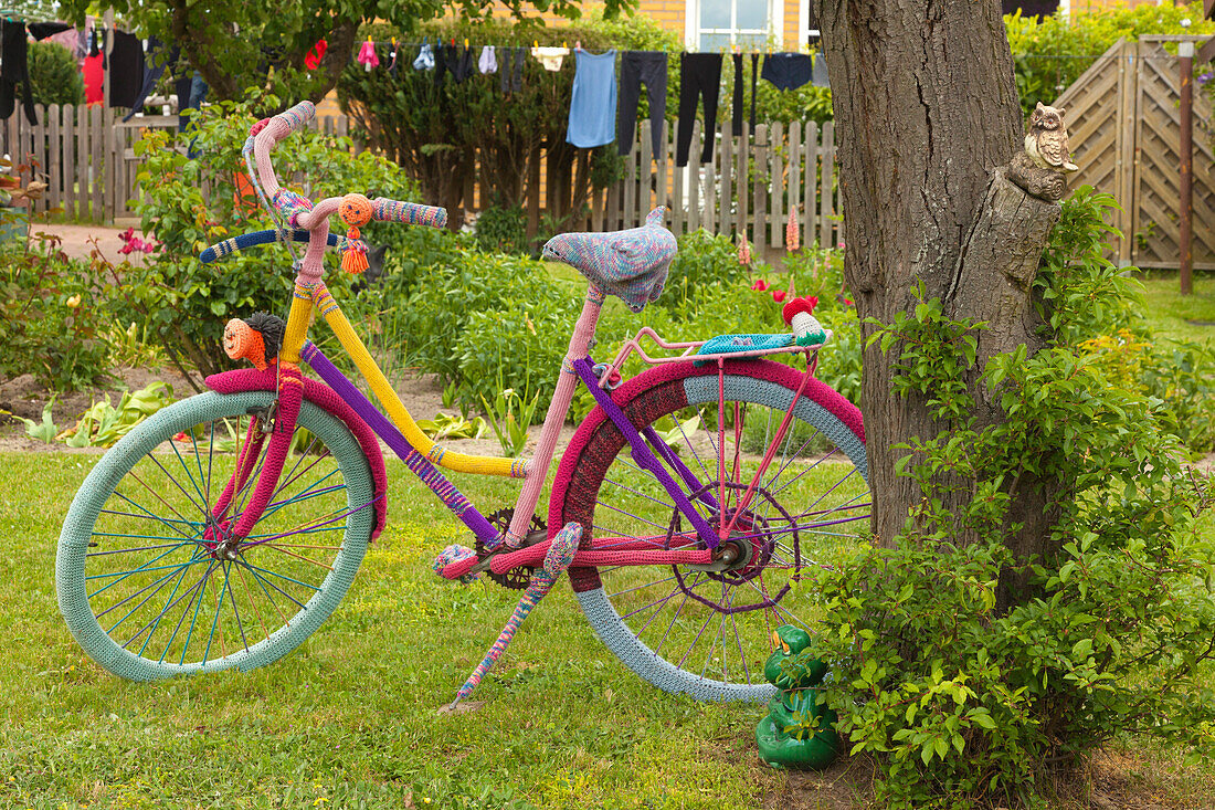 Fahrrad in einem Garten in Born am Darss,  Ostsee, Mecklenburg-Vorpommern, Deutschland