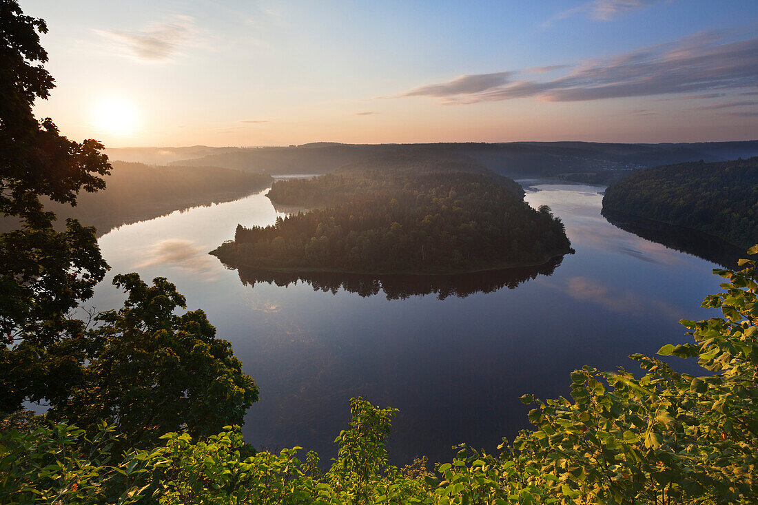 View over Saale sinuosity at Saale barrier lake, nature park Thueringer Schiefergebirge / Obere Saale,  Thuringia, Germany