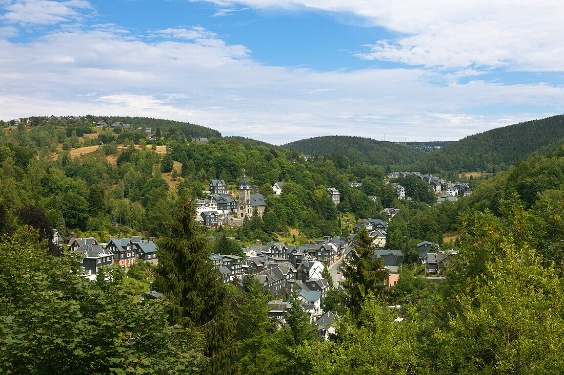 View over Lauscha village, nature park Thueringer Wald,  Thuringia, Germany