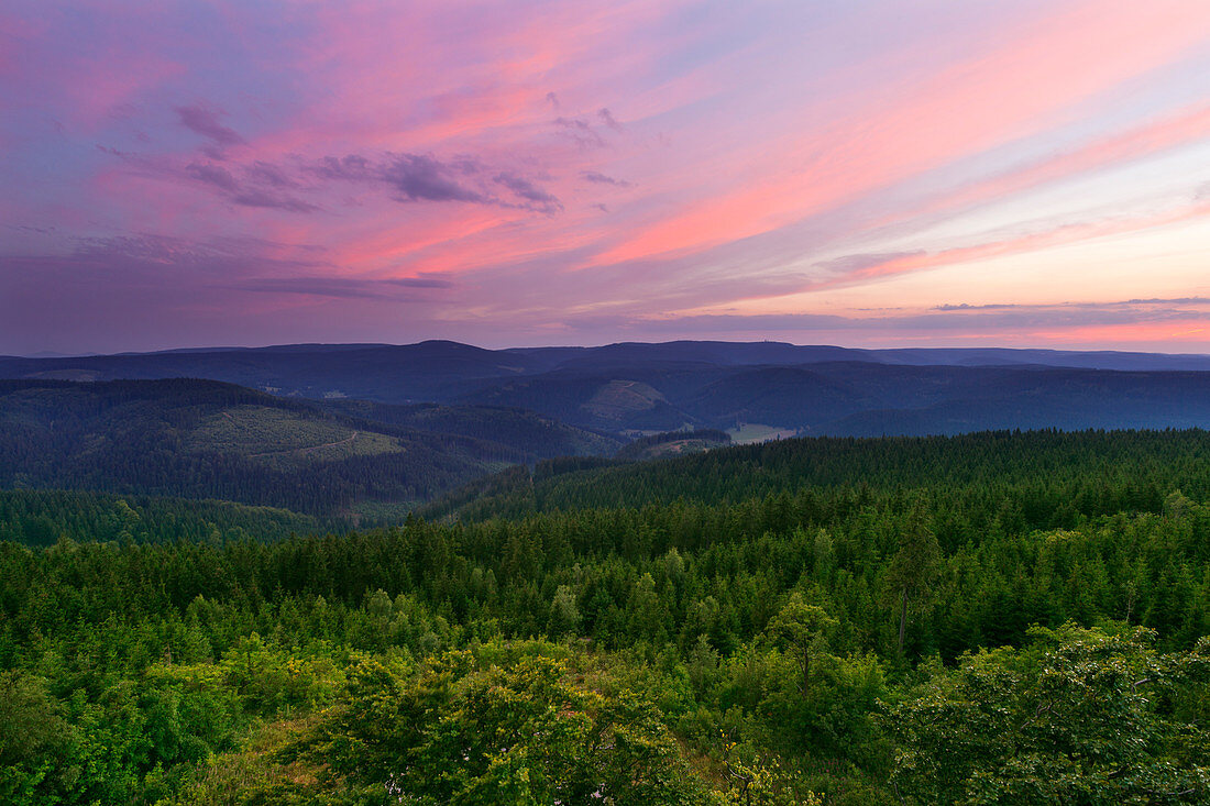 View from Kickelhahn hill, near Ilmenau, Goethe hiking trail, nature park Thueringer Wald, Thuringia, Germany