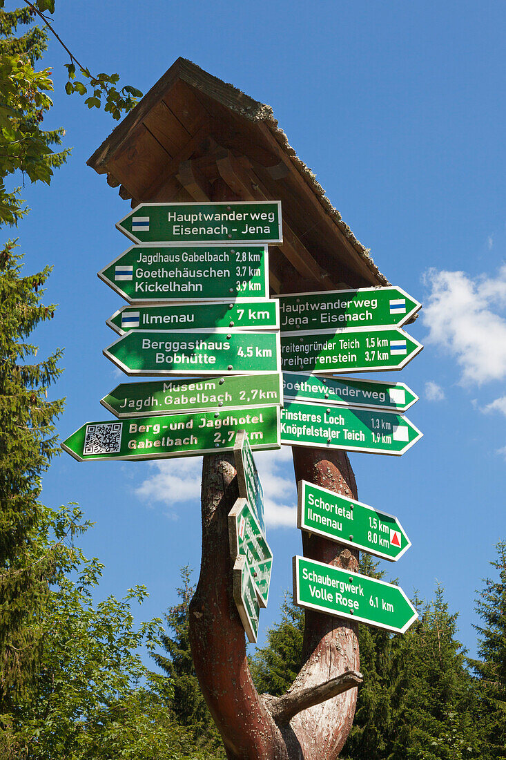 Signpost at a hiking trail, near Stuetzerbach, nature park Thueringer Wald,  Thuringia, Germany