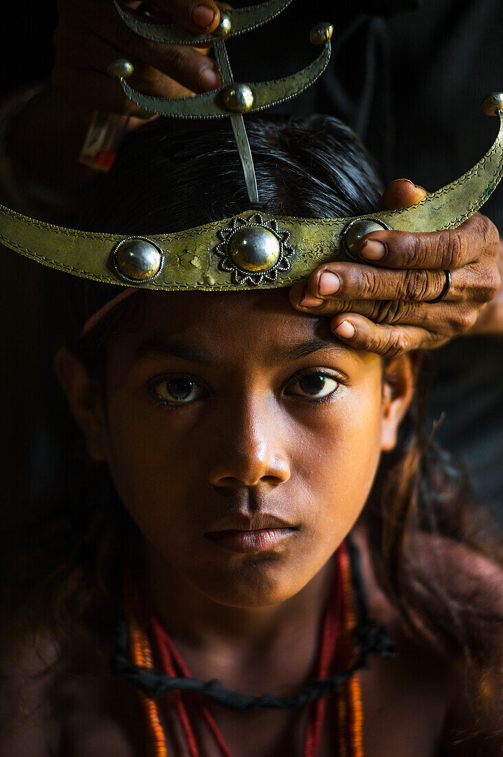 Girl with a traditional Timorese headband, Timor-Leste