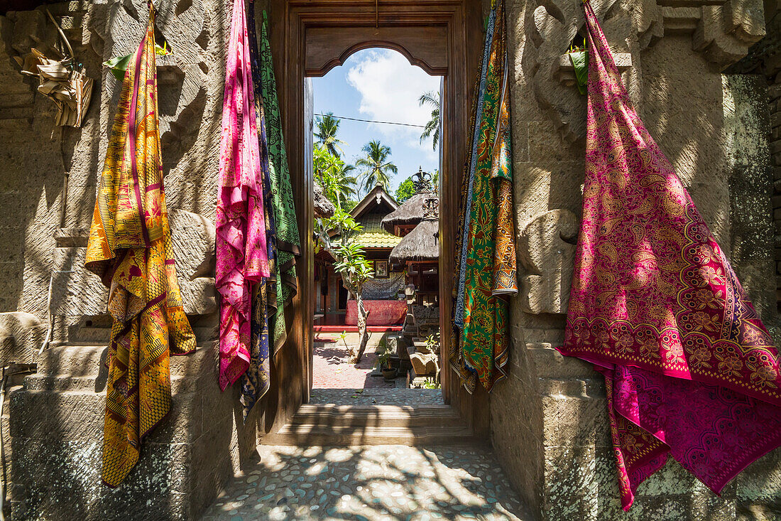 Balinese fabrics for sale in a store, Tenganan Pegringsingan, Bali, Indonesia