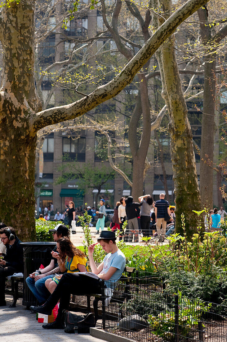 People Enjoying The Sun In Madison Square Park, Manhattan, New York, Usa