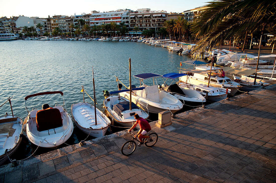 Man Cycling In Alcudia's Port At Sunset, Mallorca, Balearic Islands, Spain