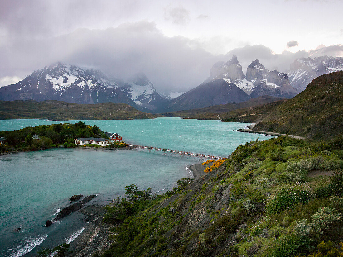 'Hotel Pehoe on Lake Pehoe, Torres del Paine National Park; Torres del Paine, Magallanes and Antartica Chilena Region, Chile'