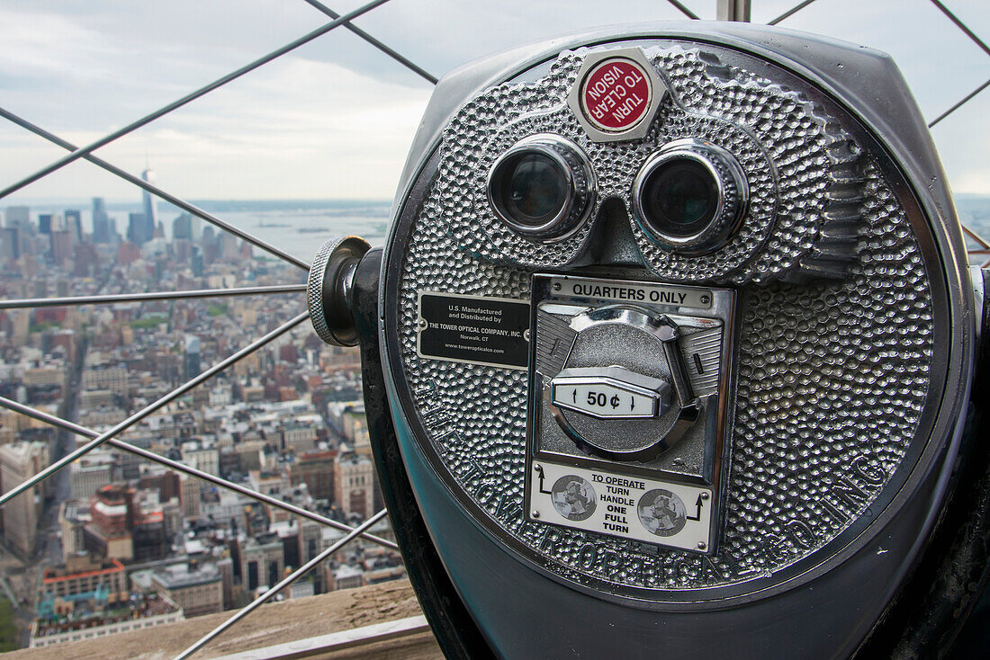 'Binocular tower viewer and view from the top of the Empire State Building; New York City, New York, United States of America'
