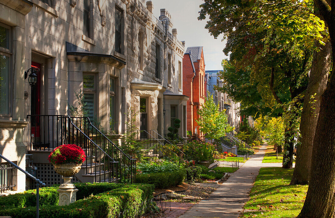 'Apartment buildings along city street; Montreal, Quebec, Canada'