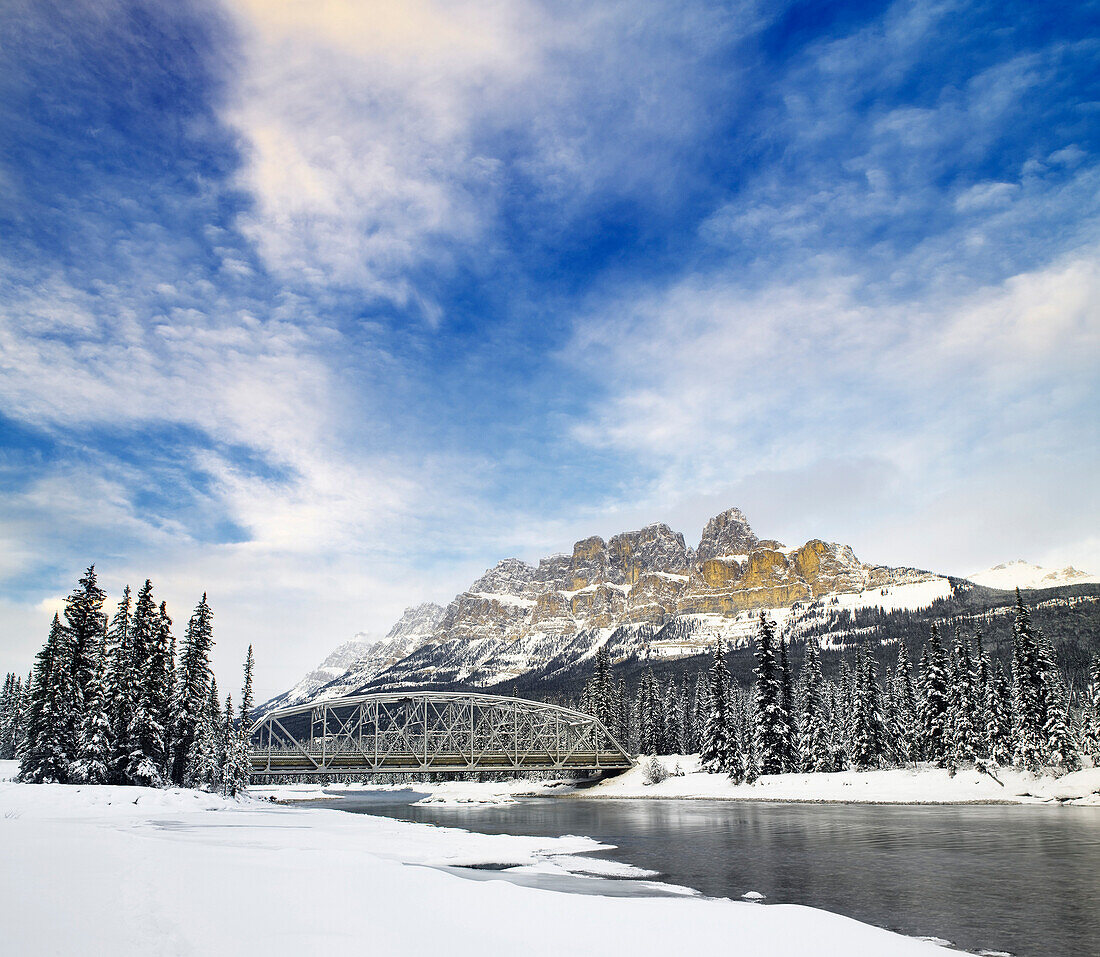 Bow River And Castle Mountain With Castle Mountain Bridge In Winter, Banff National Park, Alberta