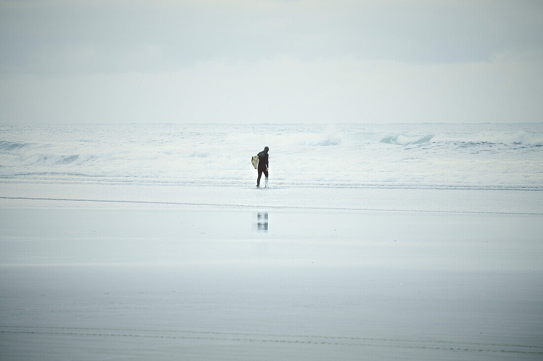 Surfer Holding Surfboard Walking Into The Ocean, Long Beach, Tofino, British Columbia, Canada