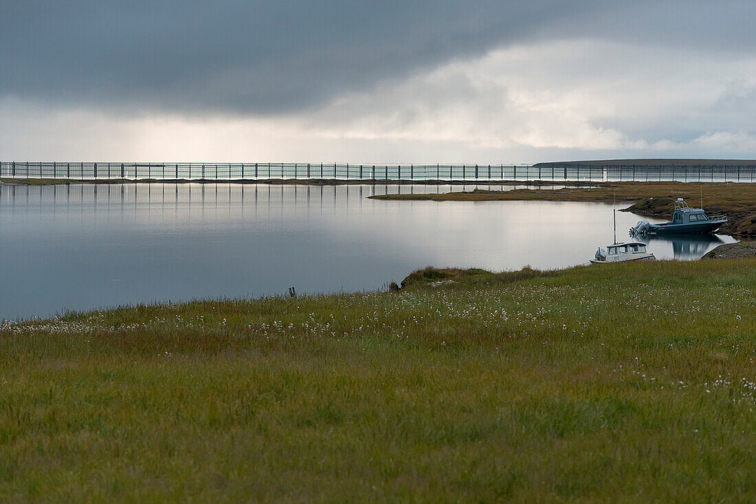 View of fence and coastal waters near Kaktovik, Arctic Alaska