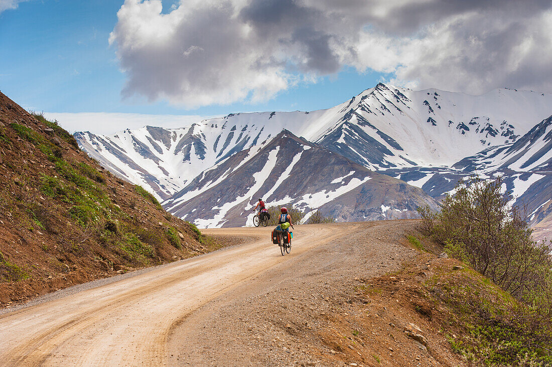 A Woman bicycle touring in Denali National Park, Grassy Pass, Southcentral Alaska