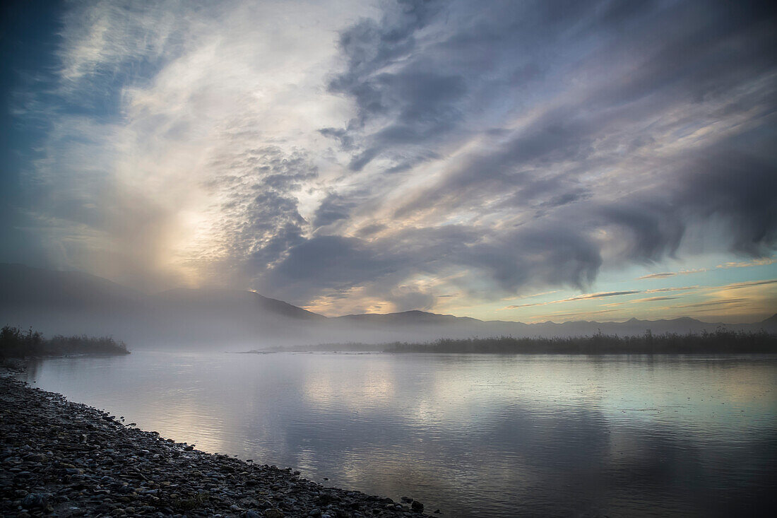 Misty sunrise over the Noatak River, Gates of the Arctic National Park, Arctic Alaska, USA