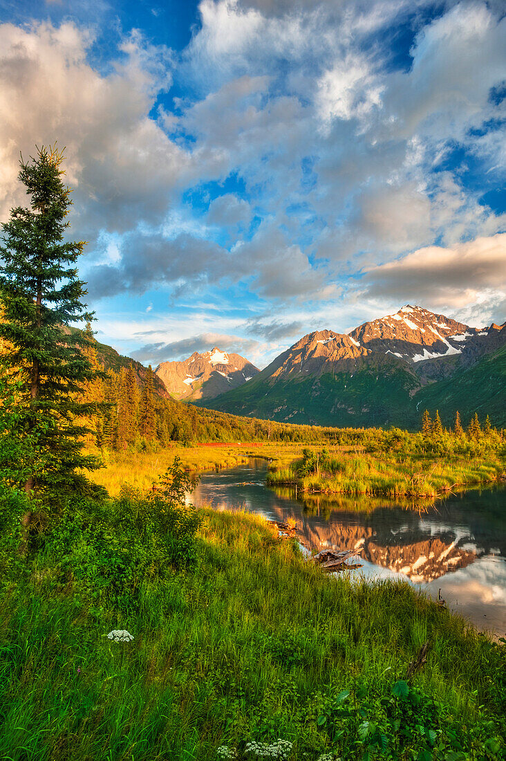 Scenic view of Eagle River Valley and Chugach Mountains at sunset, Southcentral Alaska