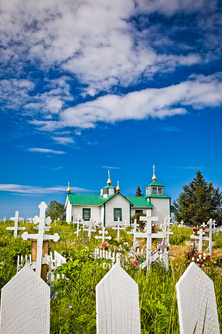 Holy Transfiguration of Our Lord Chapel and Cemetery on a sunny day, Ninilchik, Kenai Peninsula, Southcentral Alaska, Summer.