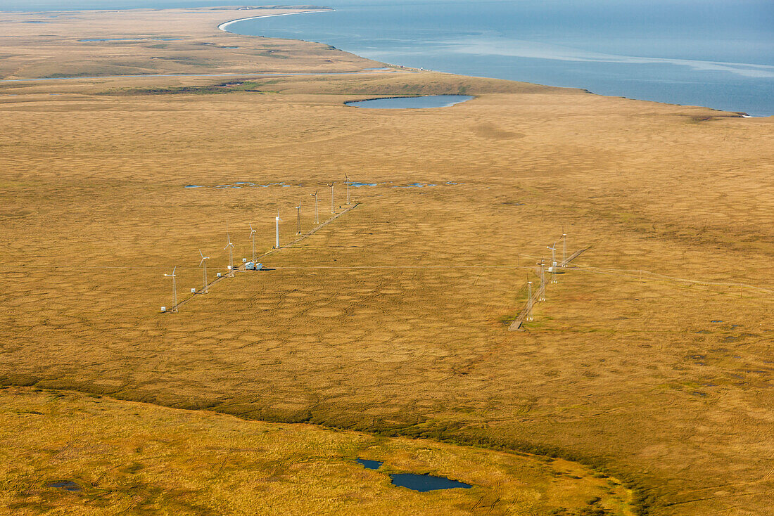 Aerial view of wind turbines at the Kotzebue wind farm, Arctic Alaska, summer