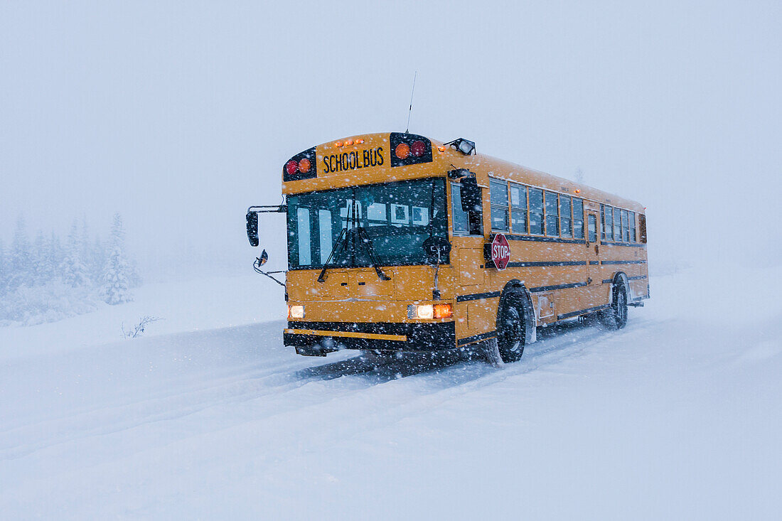 School bus in a winter blizzard, Homer, Southcentral Alaska