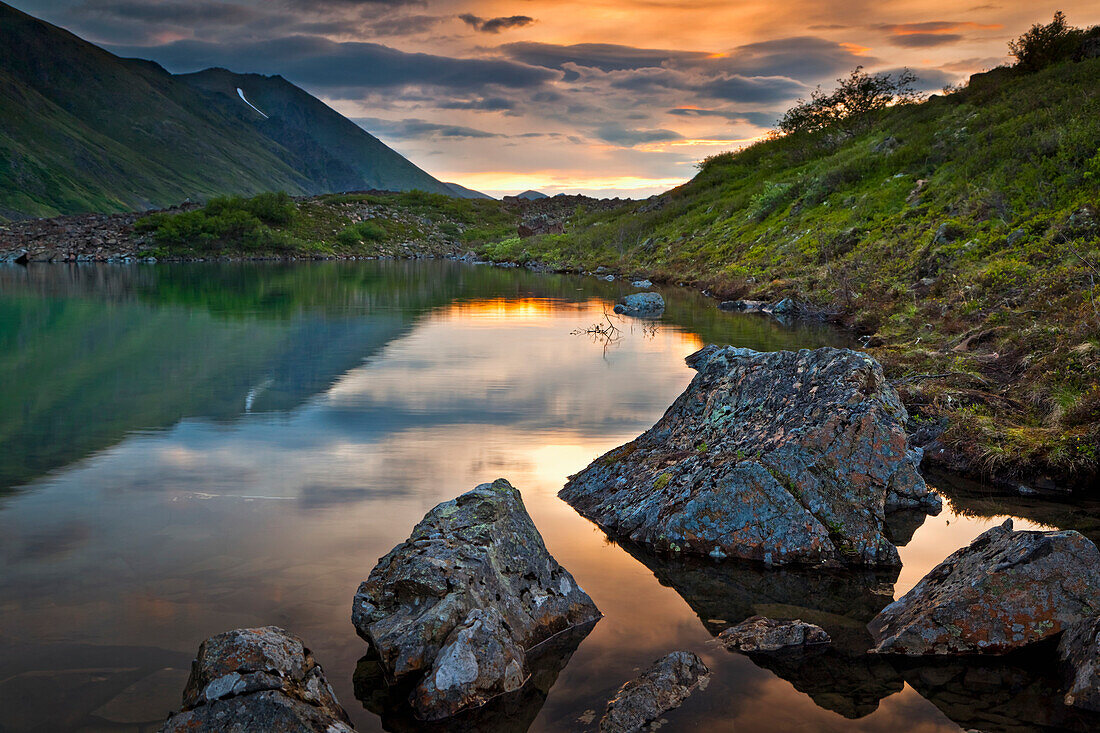 Scenic view of Symphony Lake at Sunset, Chugach Mountains, Chugach State Park, Southcentral Alaska, Summer