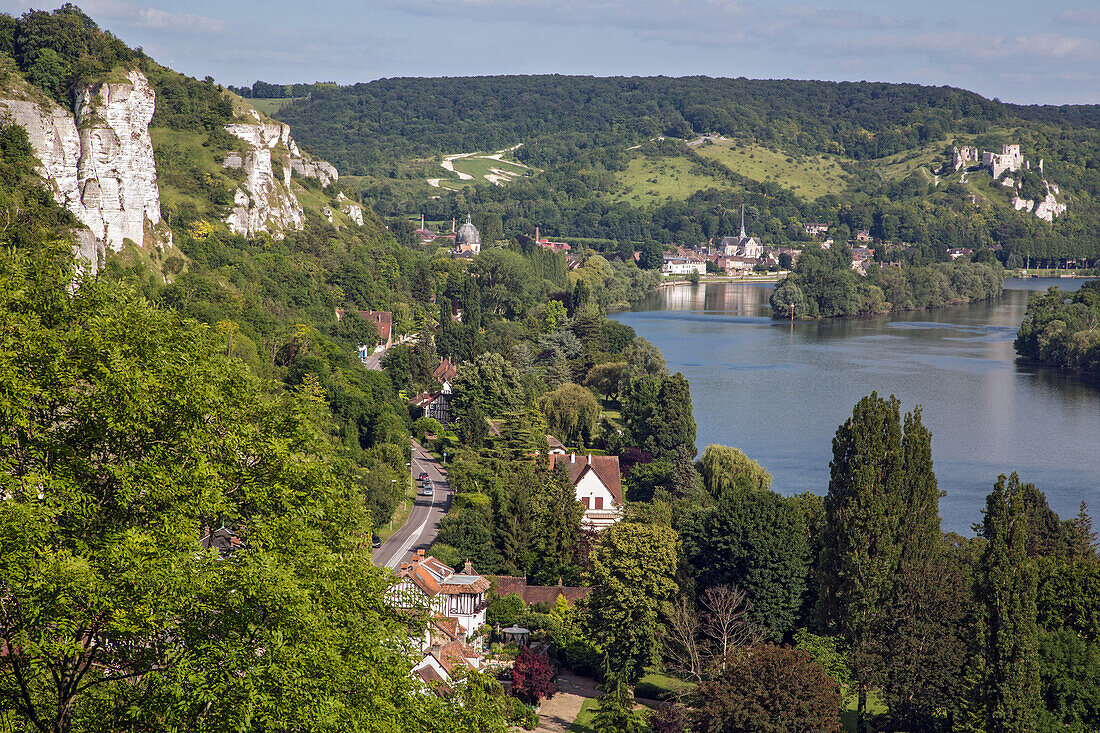 panorama of the cote des deux amants on the seine, chateau gaillard and les andelys, eure (27), normandy, france