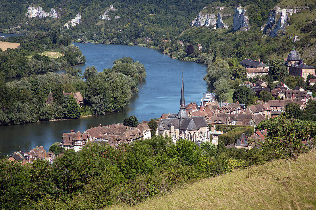 panorama of chateau gaillard on the seine, the white chalk cliffs and the village of le petit andely, les andelys, eure (27), normandy, france