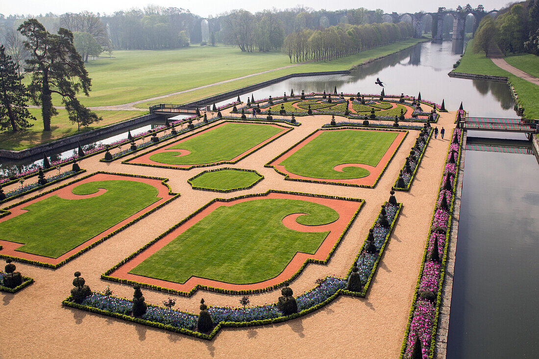 the french-style gardens created in 2013 following the original plans by andre le notre commissioned by louis xiv for francoise d'aubigne, chateau de maintenon, eure-et-loir (28), france