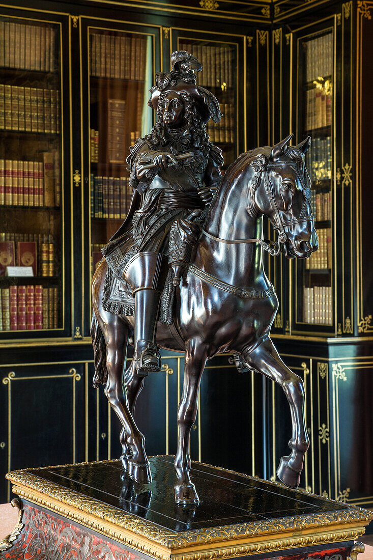 equestrian statue in bronze of the king of france louis xiv in the library, chateau de maintenon, eure-et-loir (28), france