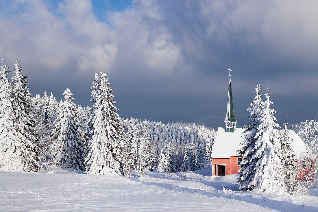 Winter landscape with church, Kandel Mountain, Black Forest, Baden-Wurttemberg, Germany, Europe