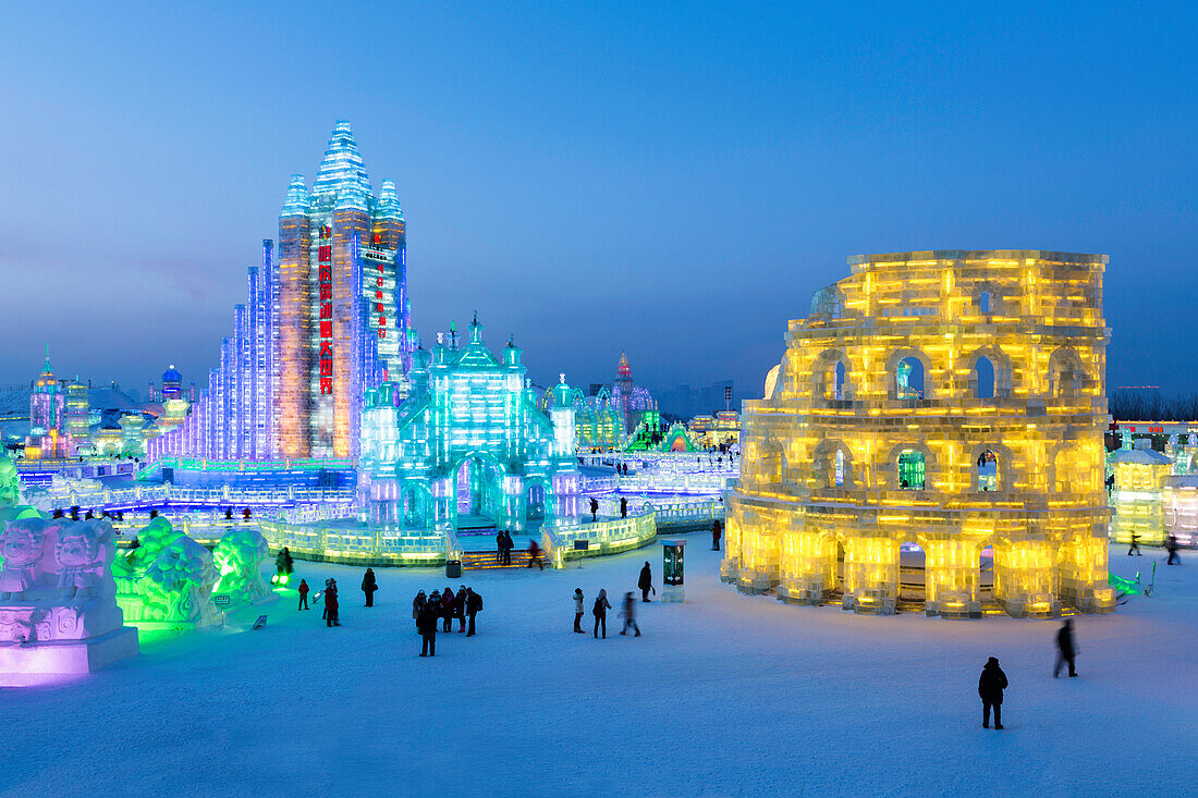 Spectacular illuminated ice sculptures at the Harbin Ice and Snow Festival in Harbin, Heilongjiang Province, China, Asia