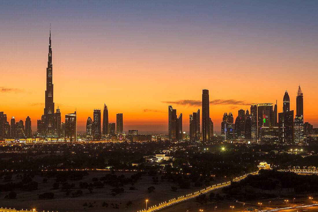 Dubai skyline, the Burj Khalifa, modern architecture and skyscrapers on Sheikh Zayed Road, Dubai, United Arab Emirates, Middle East