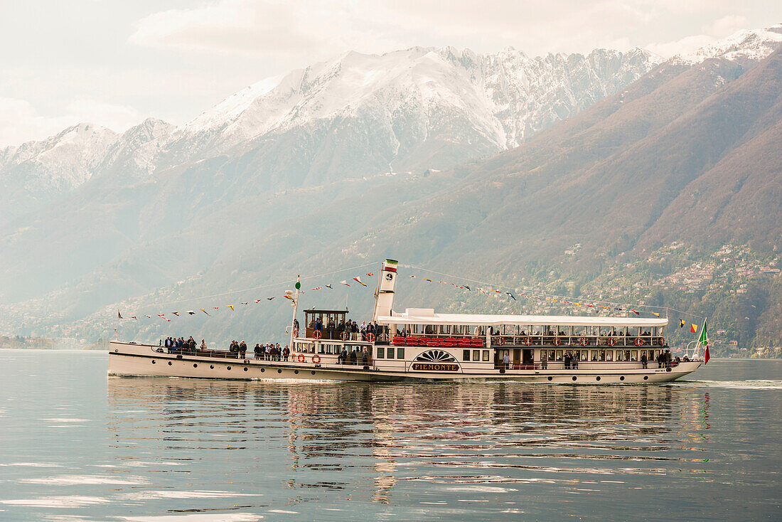 Steamboat on Lake Maggiore in the Swiss Alps, Ascona, Ticino, Switzerland