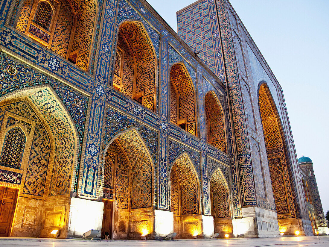 Facade of Tillya Kari Madrassah at dusk, Registan Square, Samarkand, Uzbekistan