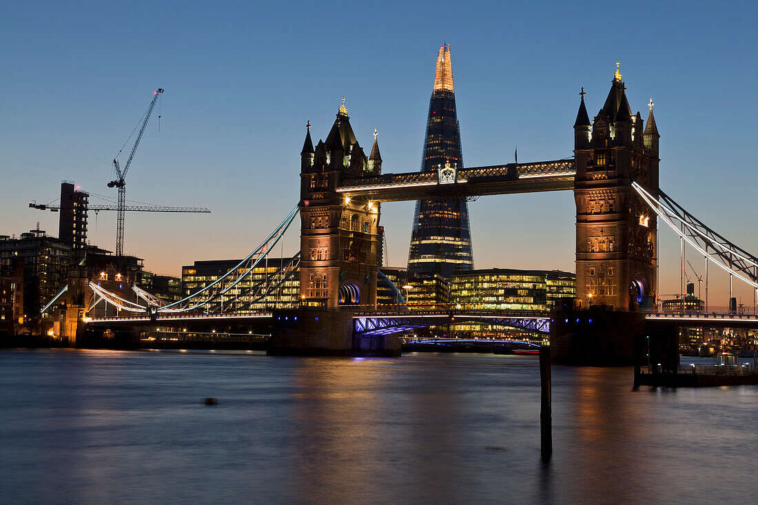 Evening view of Tower Bridge, the River Thames and the Shard building, London, England