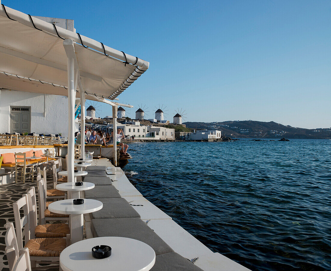 A seafront bar in the Little Venice area, Mykonos Town, Mykonos, Cyclades, Greek Islands, Greece