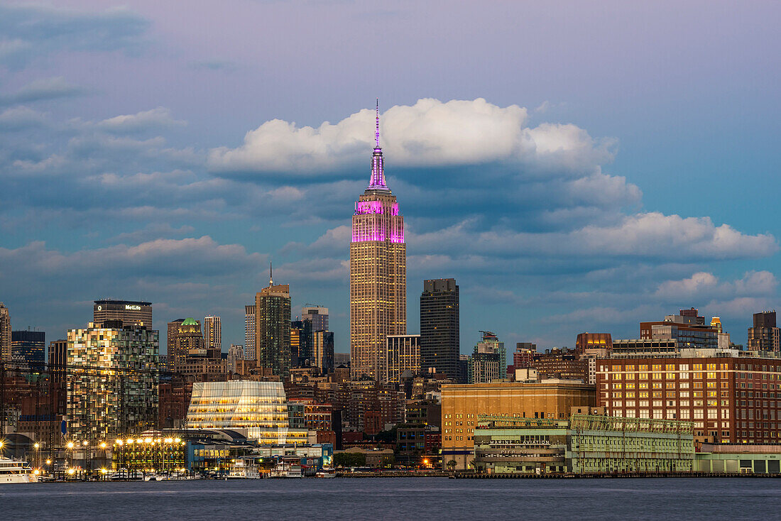Empire State Building at sunset with colour honouring the Cupus Foundation of America, New York City, New York, United States of America
