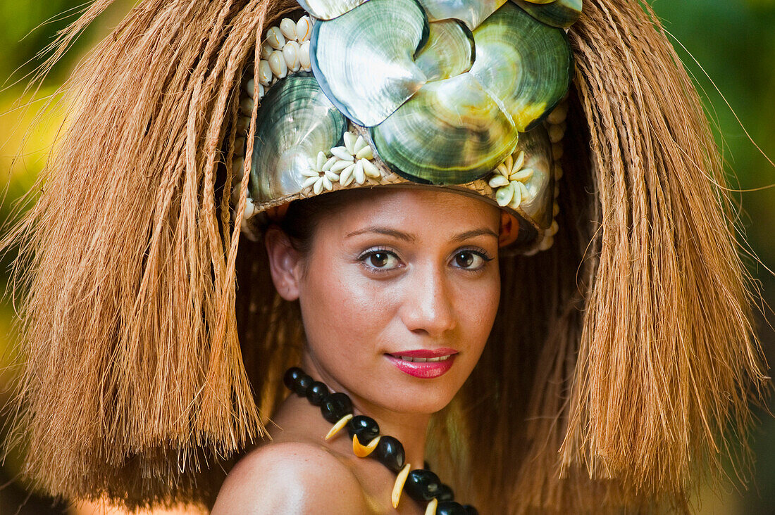 Traditional headress worn by young Samoan woman, Upulu Island, Samoa
