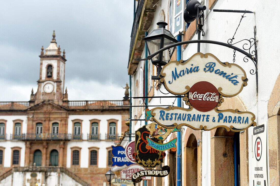 restaurant sign in Praça Tiradentes, Ouro Preto, Minas Gerais , Brazil, South America